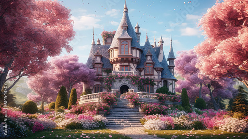 Fototapeta wspaniały, uroczy zamek księżniczki w bajkowym stylu, wygenerowany przez AI