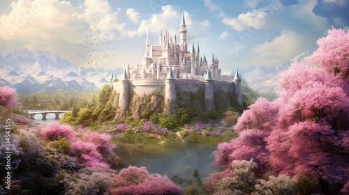 Canvastavla a beautiful fairytale inspired castle illustration with pink trees in front, ai