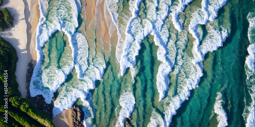Aerial view of ocean waves at sunset. Beautiful nature background. Aerial view of sea waves crashing on the beach. Top view. Generative AI technology.