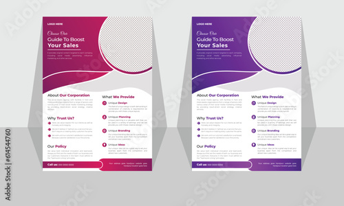 corporate flyer design with dark purple and pink components
