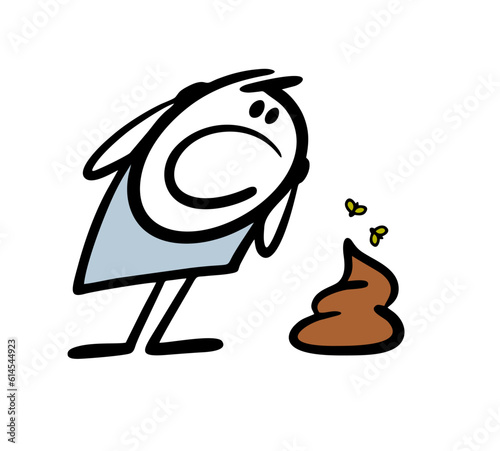 Stickman suddenly saw a huge turd on the road with flies. Vector illustration of a frightened man and dog excrement.