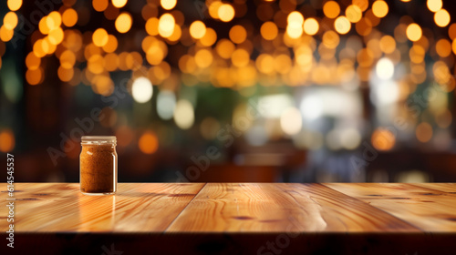 image of wooden table in front of abstract blurred background of resturant lights, Created using generative AI tools.