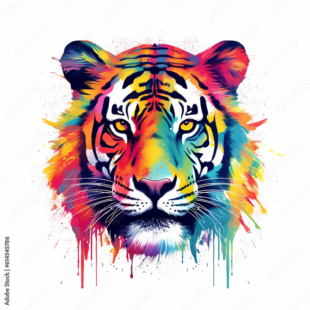 ILLUSTRATION OF A COLORFUL TIGER WITH VIBRANT BRIGHT COLORS AND MAKE IT VERY ARTISTIC, WHITE BACKGROUND