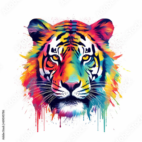 ILLUSTRATION OF A COLORFUL TIGER WITH VIBRANT BRIGHT COLORS AND MAKE IT VERY ARTISTIC  WHITE BACKGROUND