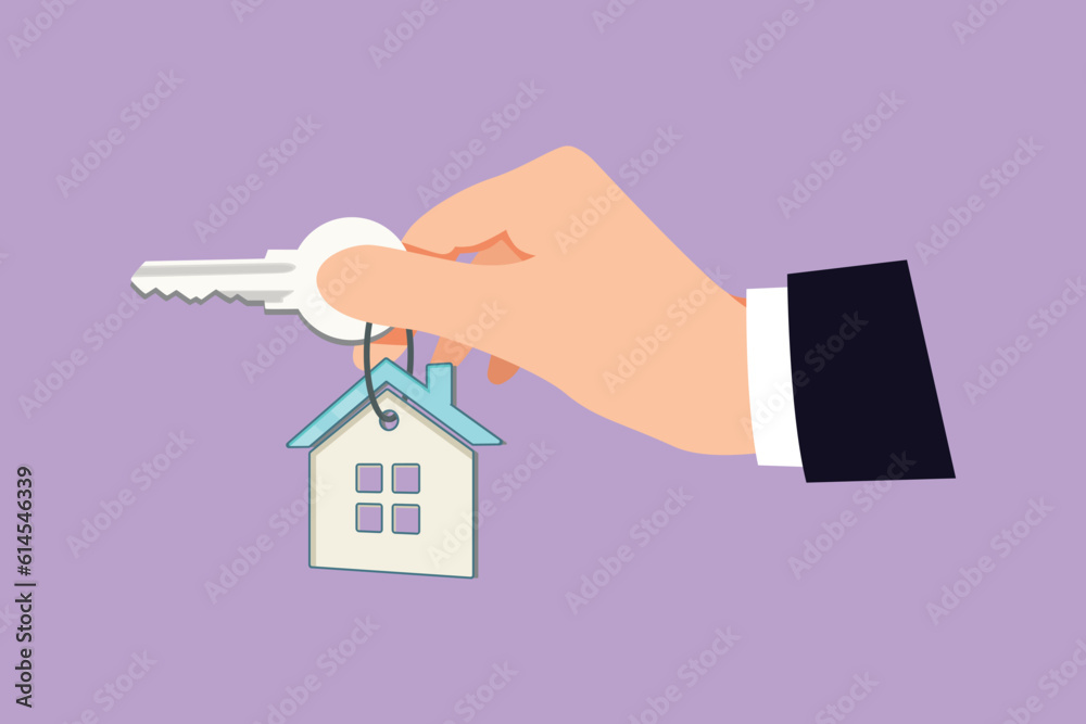 Graphic flat design drawing hand holding house key with clipping path ...