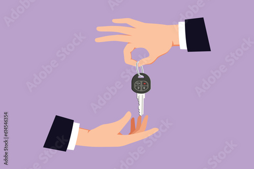 Cartoon flat style drawing car seller hand giving key and alarm system to buyer. Car rental for sale concept. Hand of car salesman manager holding key logo, symbol. Graphic design vector illustration