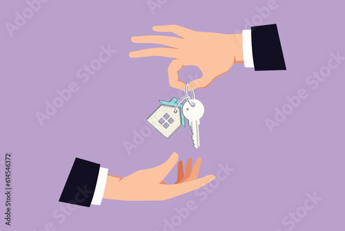 Graphic flat design drawing hand giving house keys to customer. Businessman in suit giving house key logo, icon, symbol. Mortgage, credit or buying property concept. Cartoon style vector illustration