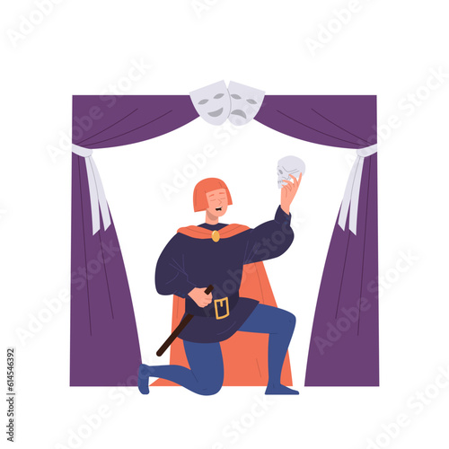 Man actor character playing drama holding skull in hand performing Hamlet monologue on stage