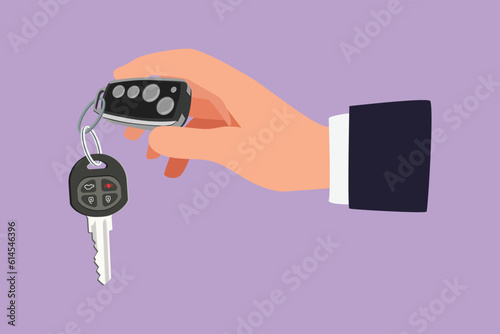 Character flat drawing of male hand holding car key logo, icon, label, symbol. Car sales theme. Hand of car salesman manager holding key isolated on blue background. Cartoon design vector illustration