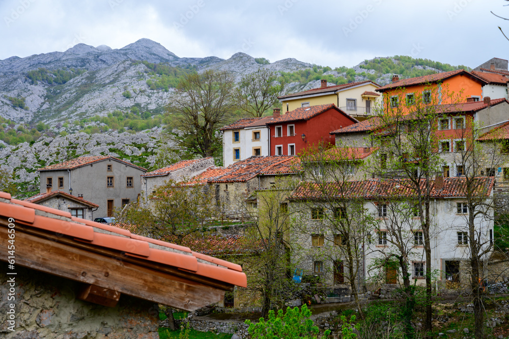Old houses in remote mountain village Sotres, Picos de Europa mountains, Asturias, North of Spain