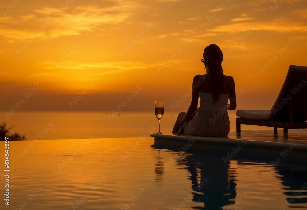 Woman watching the sunset with a cocktail in an infinity pool ...