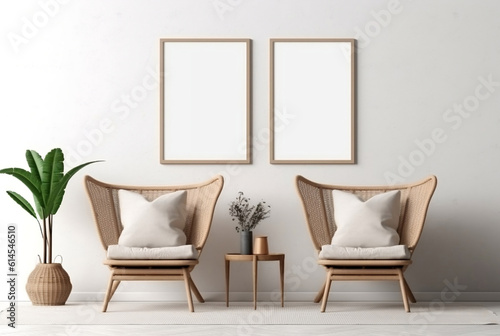 Empty horizontal frame mockup in modern minimalist interior with plant in trendy vase on white wall background  Template for artwork  painting  photo or poster