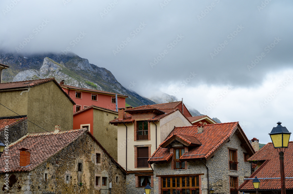Old houses in remote mountain village Sotres, Picos de Europa mountains, Asturias, North of Spain