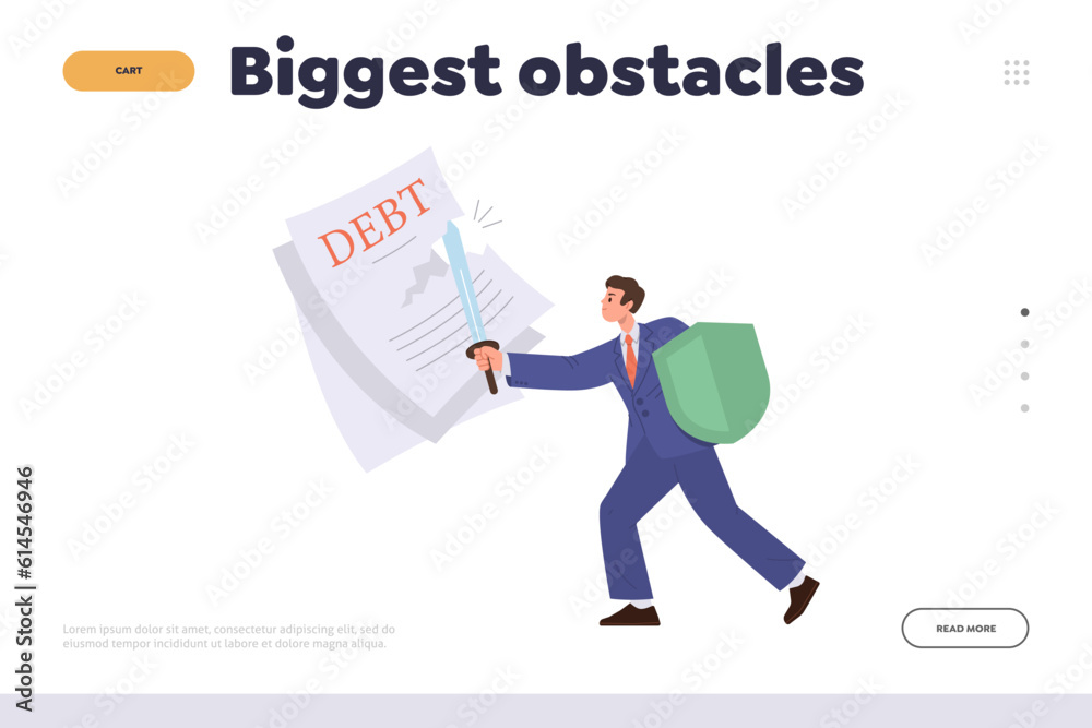 Biggest obstacles concept for landing page with businessman character fighting against bank dept