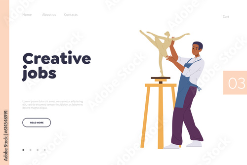 Creative jobs landing page design template with man sculptor making figure of beautiful ballerina