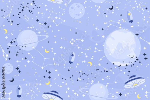 Fototapeta Naklejka Na Ścianę i Meble -  Vector flat space seamless pattern background. Cute color template with Rocket, Moon, Stars in Outer space. Infinite space.
