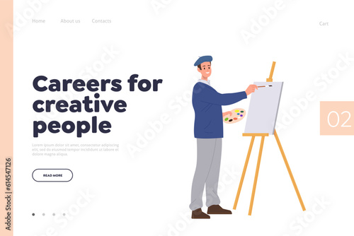 Career for creative people landing page design template with painter man character drawing picture