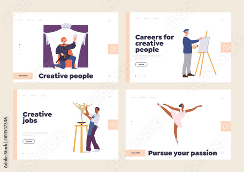 Set of landing page design template with people character of creative profession enjoying arts