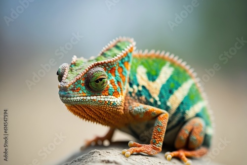 close up view of a colorful lizard basking on a rocky surface. Generative AI © AkuAku