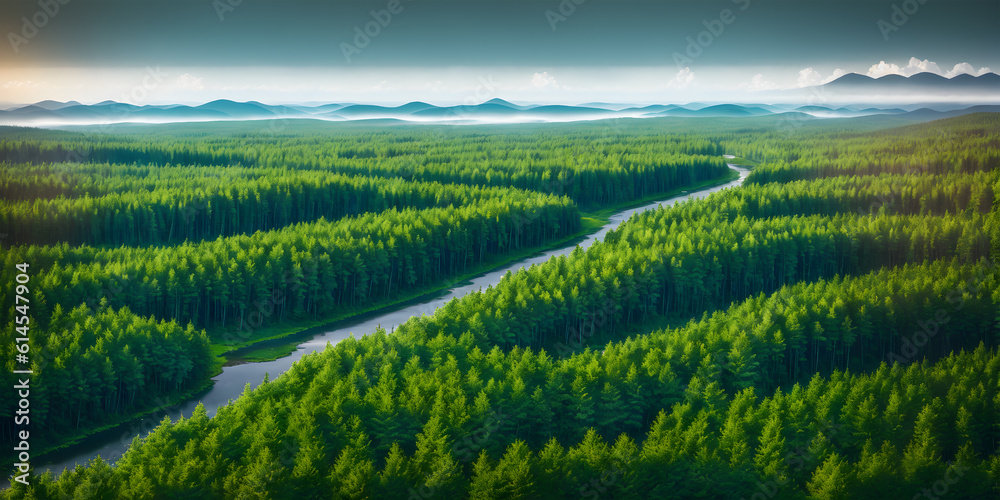 Panoramic view of the river and the coniferous forest. Aerial view of the green forest. Beautiful summer landscape with coniferous forest. Nature landscape. Generative AI technology.