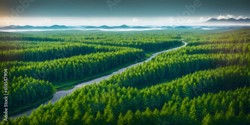 Panoramic view of the river and the coniferous forest. Aerial view of the green forest. Beautiful summer landscape with coniferous forest. Nature landscape. Generative AI technology.