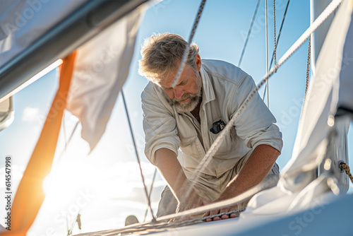 Man adjusting the sail on a catamaran, freedom, wealth, and the success of an affluent lifestyle