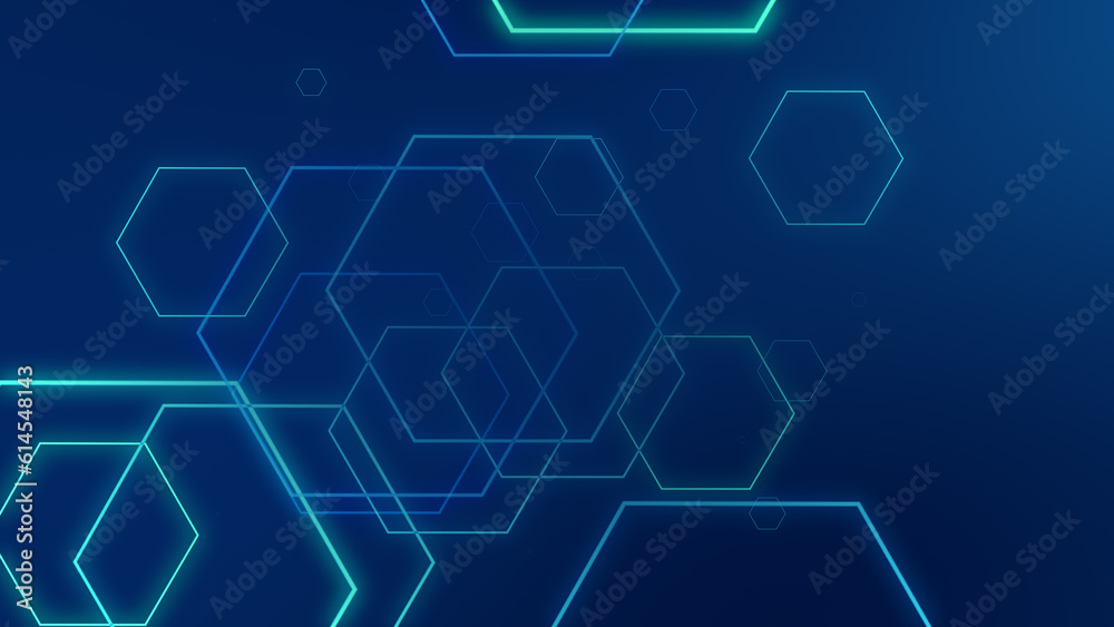 Fototapeta premium Abstract hexagon geometric blue neon lights technology dark background.