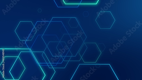 Abstract hexagon geometric blue neon lights technology dark background.