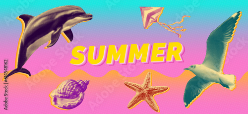 summer vibes with dolphin starfish seagull shell kite on bright trendy colors gradient with vintage distressed halftone dot background pattern design template poster banner modern pop art style