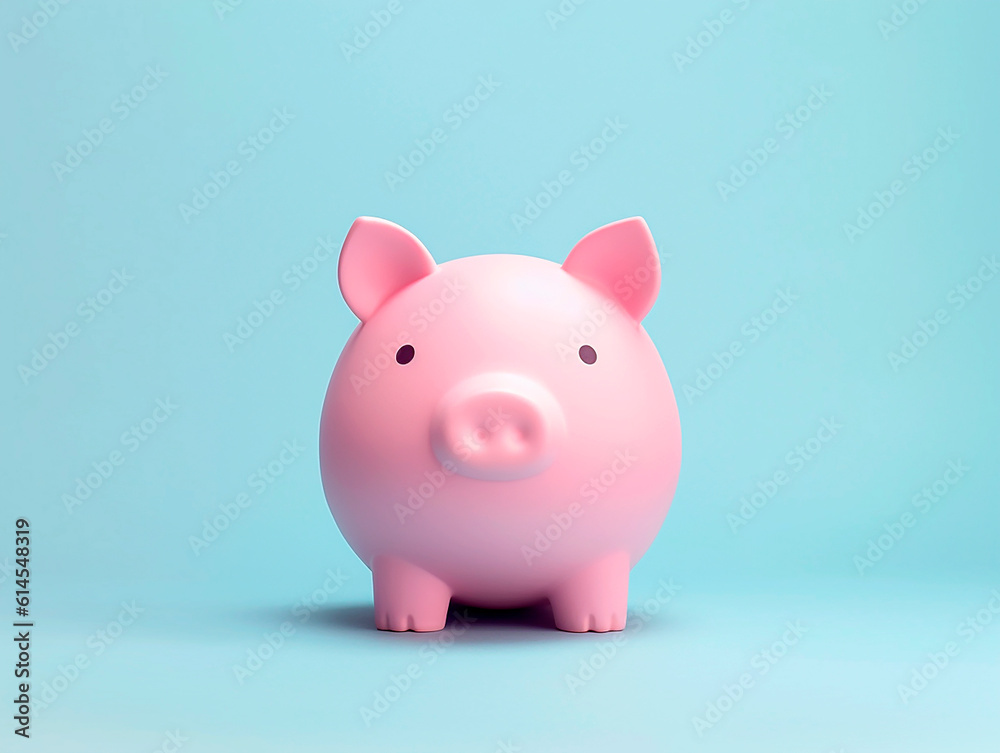 Pink piggy bank on a blue background. 3d rendering.AI Generated