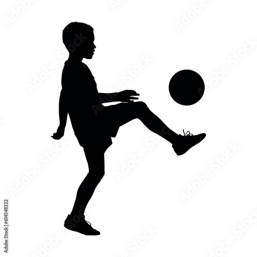 Boy playing football vector silhouette.