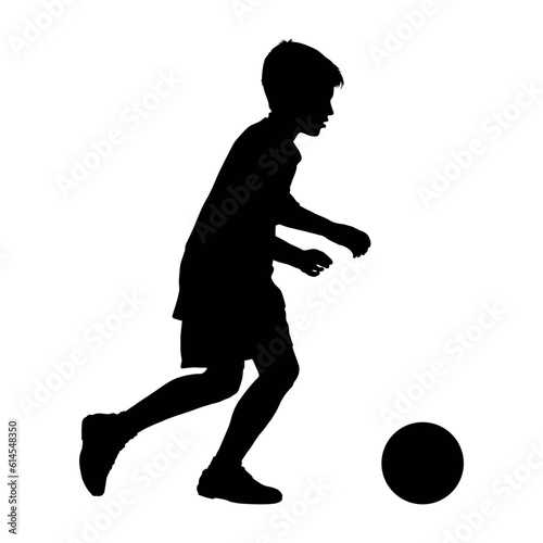 Boy playing soccer logo silhouette.