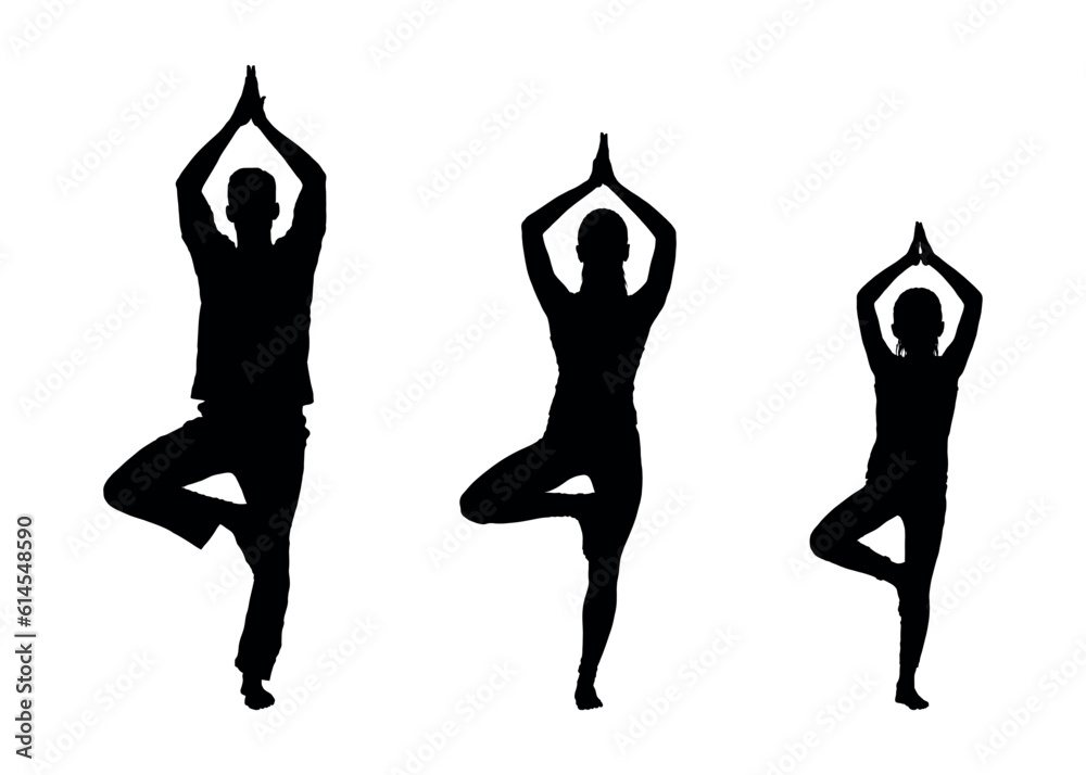 Fototapeta premium Family practicing yoga together vector silhouette.