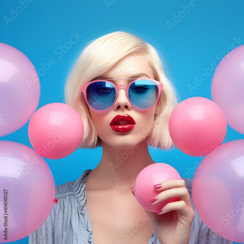 There are pink balloons around beautiful blonde model. Brights blu and pink color 