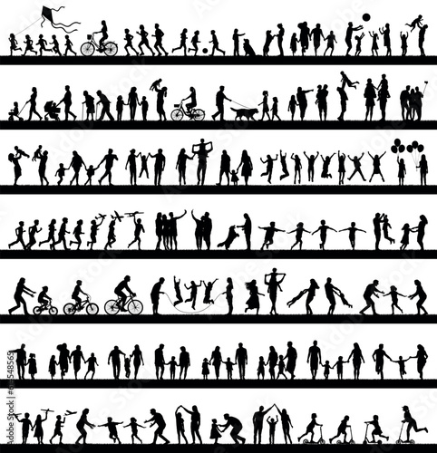 Family parents and kids outdoor activities in park silhouettes set collection. People seniors adults teens kids having fun playing together outside silhouette.