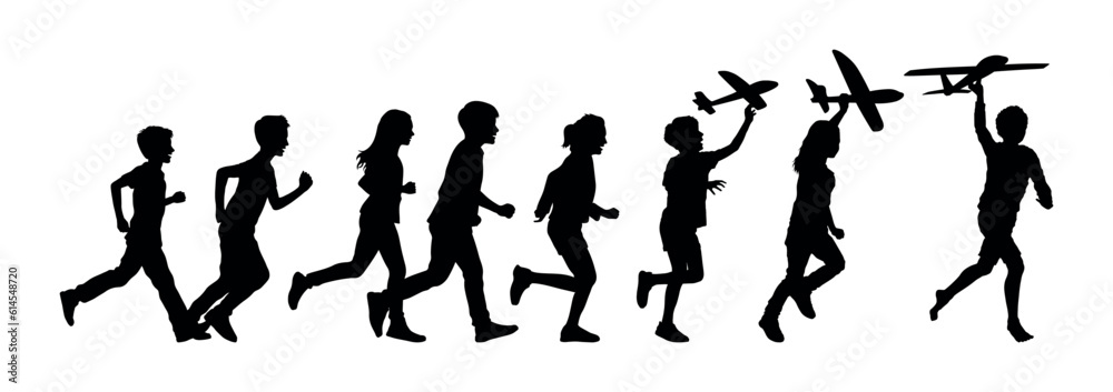 Group of children running with holding toy airplanes vector silhouettes. Kids playing having fun together outside silhouette. - obrazy, fototapety, plakaty 