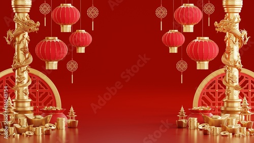 3d rendering illustration background for happy chinese new year 2024 the dragon zodiac sign with red and gold color, flower, lantern, and asian elements. ( Translation :  year of the dragon 2024 ).
