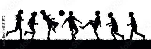 Group of boys playing football together on grass field vector silhouette.
