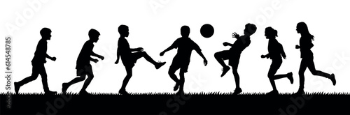 Boys playing football together on grass field vector silhouette set.