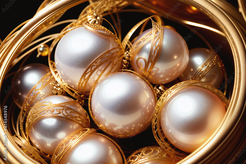 Basket Filled with White and Gold Ornaments. Created with Generative AI. Basket Filled with White and Gold Ornaments. Created with Generative AI.