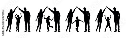 Parents making a roof symbol with hands gesture above kids silhouette.