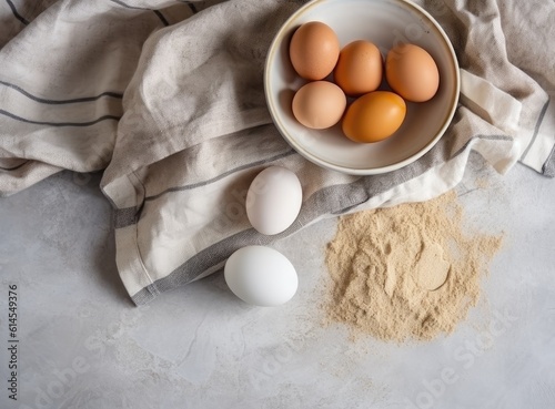 Baking culinary ingredients. Eggs, flour, whisk and kitchen textile on bright grey concrete background. Cookies, pie or cake recipe mockup. Top view. Created with Generative AI technology.