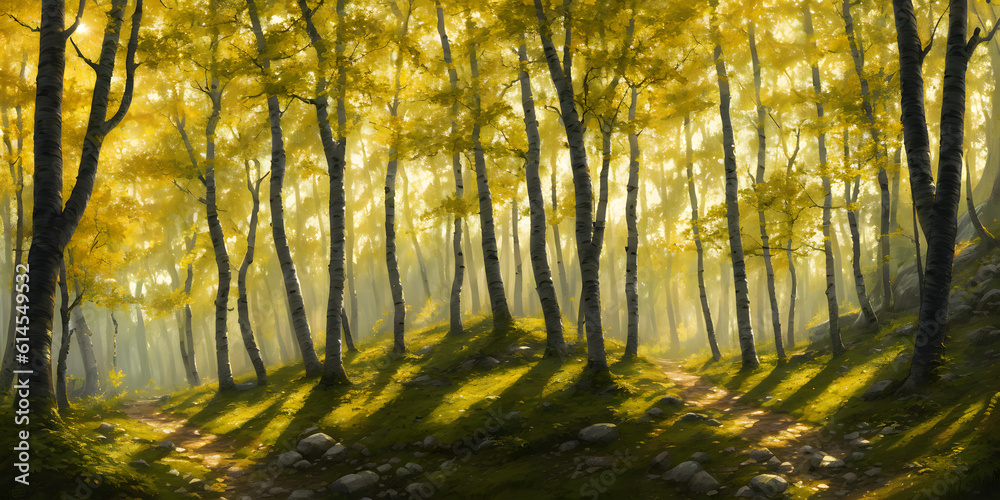 Obraz premium Autumn forest with sun rays through the trees. Beautiful green forest with pond and reflection of sun in the water. Beautiful nature landscape. Generative AI technology.