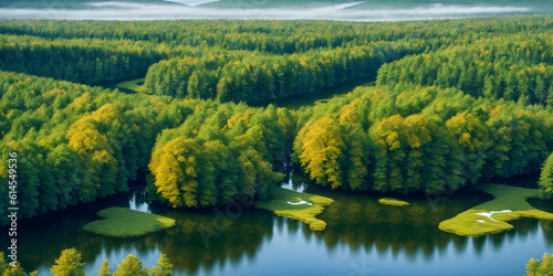 Aerial view of a lake in the middle of a forest. Beautiful nature landscape. Generative AI technology.