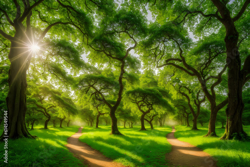 Beautiful nature landscape with green tree and sunlight in the morning. Beautiful nature landscape. Generative AI technology.
