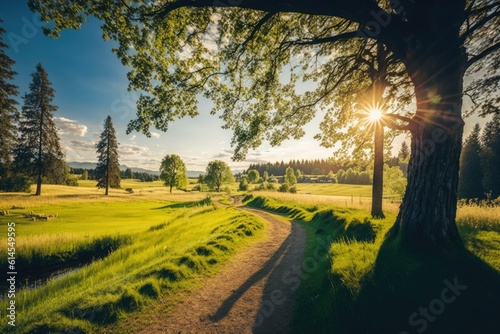 Beautiful view of rural park in countryside in British Columbia. Beautiful green grass lawn, oak trees and path illuminate by sunshine during summer sunset. No one, a trip picture. Generative AI