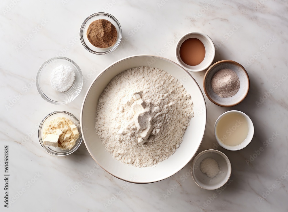 Baking culinary ingredients. Eggs, flour, whisk and kitchen textile on bright grey concrete background. Cookies, pie or cake recipe mockup. Top view. Created with Generative AI technology. Baking culinary ingredients. Eggs, flour, whisk and kitchen textile on bright grey concrete background. Cookies, pie or cake recipe mockup. Top view. Created with Generative AI technology.