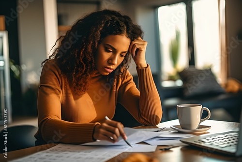 Foto Stressed young woman reviewing her bills, reflecting financial strain during a r