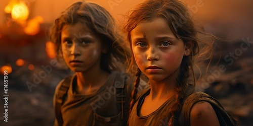 Small children war orphan survivor in a destroyed city