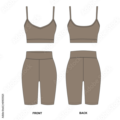 Collection of vector patterns of bicycle shorts and tank top in beige color. Template of women's top and shorts front and back view. Sketch of corrective elastic underwear.